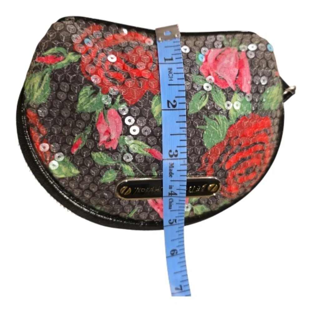 Betsey Johnson Sequined Rose Cosmetic Bag Set of 2 Black Floral Zip Closures